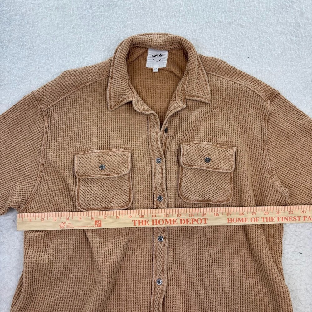 Aerie LumberJane Waffle Shirt in Cappuccino Tan Button Up Oversized Relaxed Sz S - Picture 5 of 8